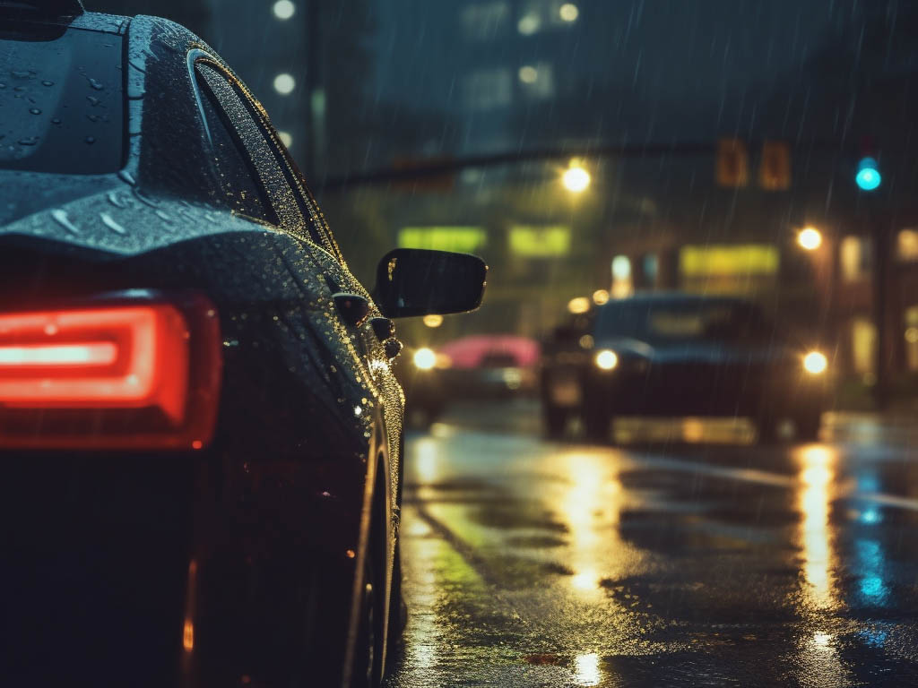 A car driving in rain at night. Traffic offences.